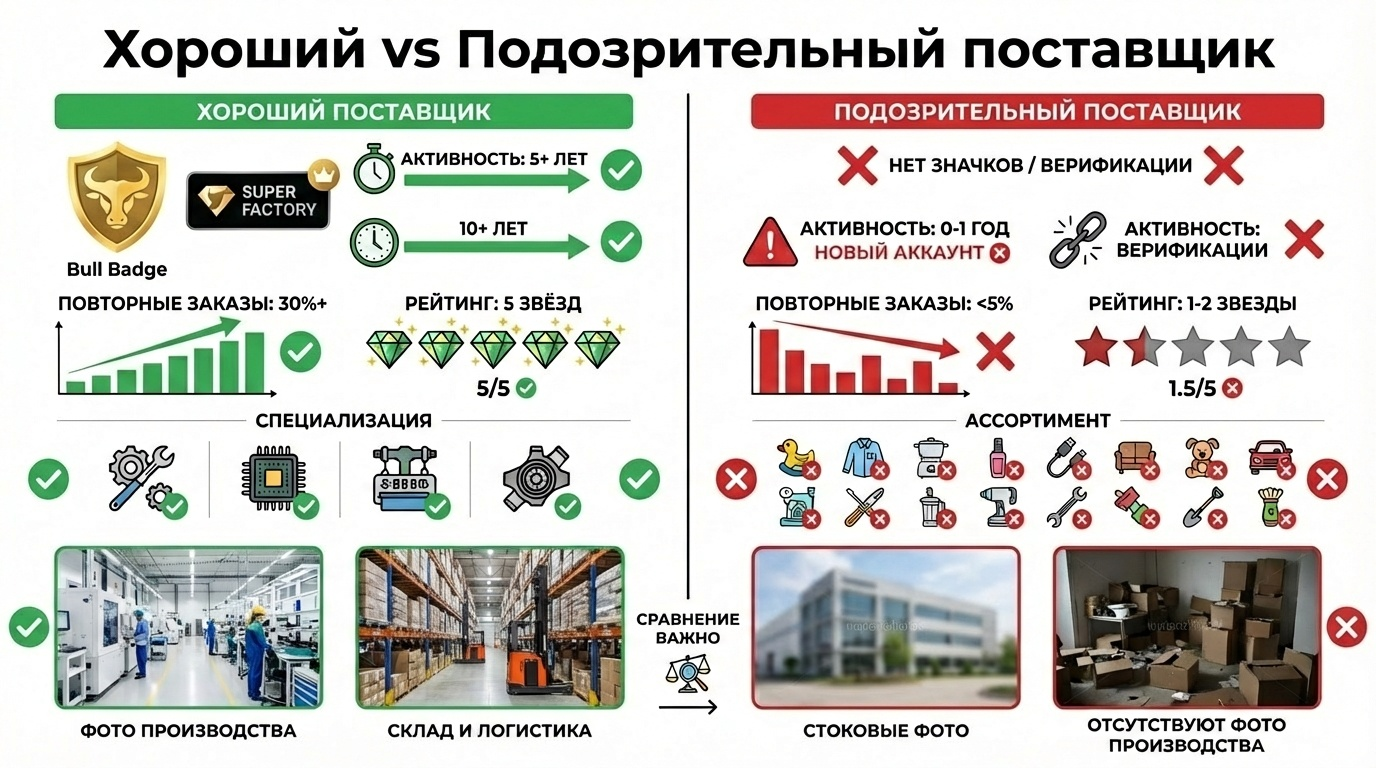 сравнение хорошего продавца и подозрительного на 1688